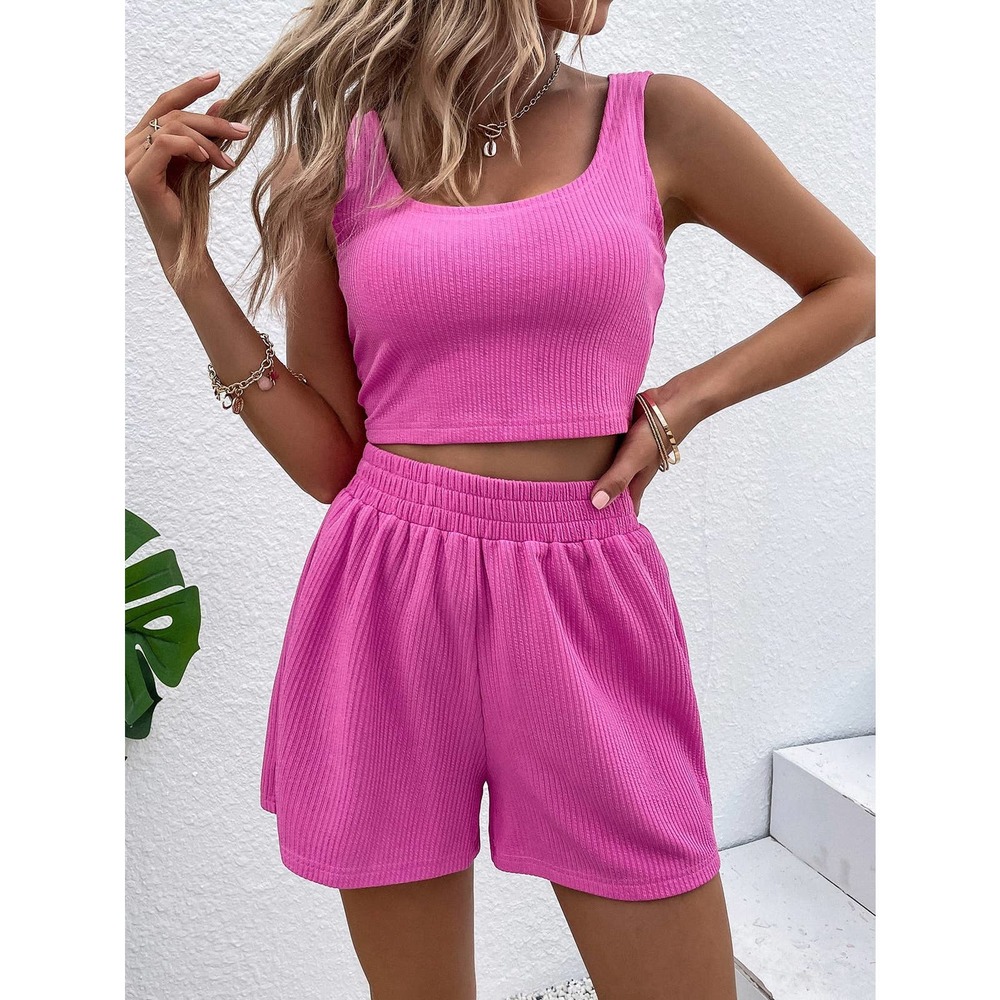 2 piece set: Ribbed knit Crop Tank Top & high waisted Shorts set hot pink - Picture 11 of 11